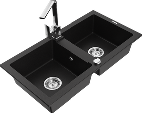 Кухонный умывальник с кухонным смесителем Mexen Mario Black+Chrome, гранит, 82 см x 43 см x 16.1 см, черный цв./хромовый цв.