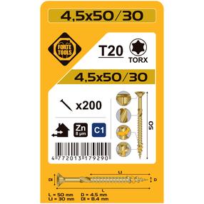Puidukruvi, universaalsed Forte Tools TX20, 4.5 x 50 mm, kollane v., 200 tk