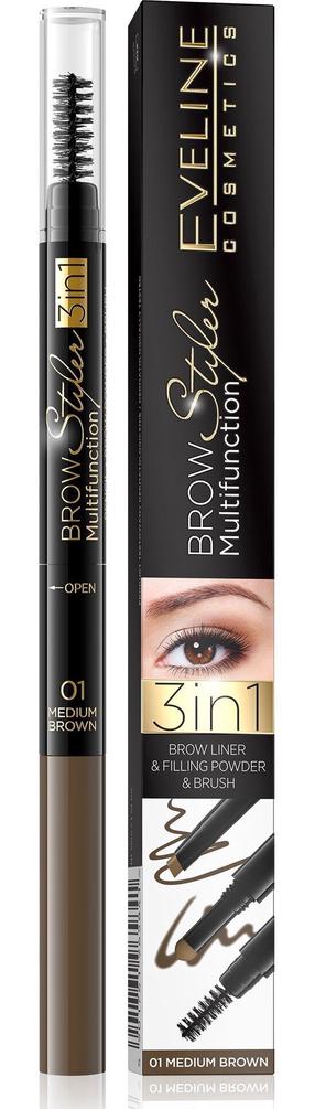Antakių pieštukas Eveline Brow Multifunction Styler, ruda sp. 01 medium brown