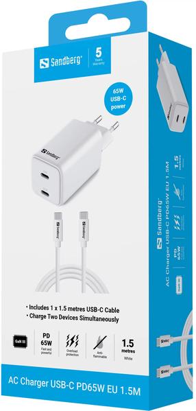 Telefoni laadija Sandberg 441-75, 2 x USB Type C, valge v., 65 W