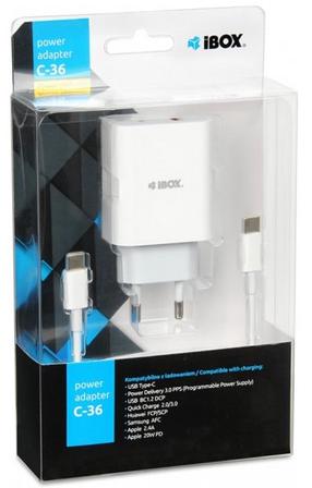 Telefona lādētājs iBOX C-36, USB Type-C, 100 cm, balta krās., 20 W