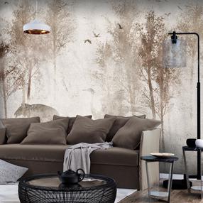 Fototapetas Artgeist Among the trees - landscape in grey tones in fog in a clearing with birds, 140 cm x 200 cm