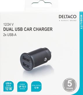 Automobilinis įkroviklis Deltaco USB-CAR124, 2 x USB Type A, juoda sp.