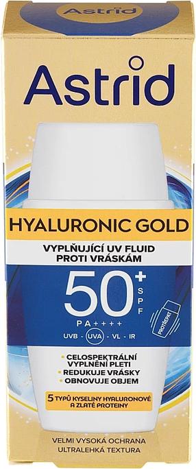 Priemonė įdegio priežiūrai veidui Astrid Hyaluronic Gold SPF50, 50 ml