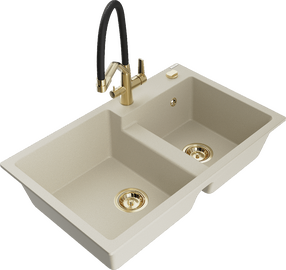 Plautuvė su virtuviniu maišytuvu Mexen Tomas Beige+Black/Gold, granitas, 80 cm x 50 cm x 19 cm, beige+black/gold sp.