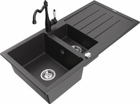 Plautuvė su virtuviniu maišytuvu Mexen Andres Black granite+Black, granitas, 100 cm x 50 cm x 20 cm, black granite+black sp.