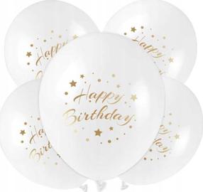 Balionų rinkinys apvalus Teka Happy Birthday, aukso sp./balta sp., 5 vnt.