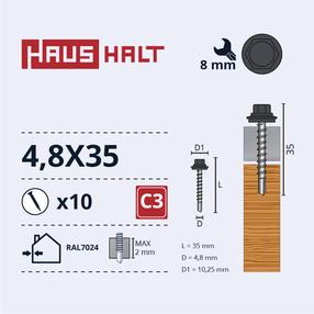 Pašvītņojošā skrūve Haushalt, 4.8 mm x 35 mm, 10 gab.