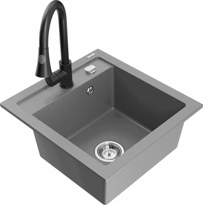 Plautuvė su virtuviniu maišytuvu Mexen Vito Grey+Black, granitas, 49 cm x 52 cm x 21 cm, juoda sp./pilka sp.