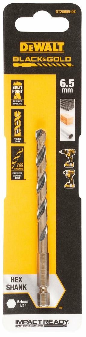 Сверло по металлу Dewalt, дерево/металл/cталь, hss, hex 1/4, 6.5 мм x 10.5 см