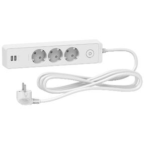 Pikendusjuhe Schneider Electric, 3 x 1 mm², 1.5 m, 3 pesa, 2USB, lülitiga, valge v.