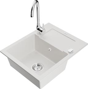 Plautuvė su virtuviniu maišytuvu Mexen Enzo, derva/granitas, 57.6 cm x 46.5 cm x 17.4 cm, balta sp.