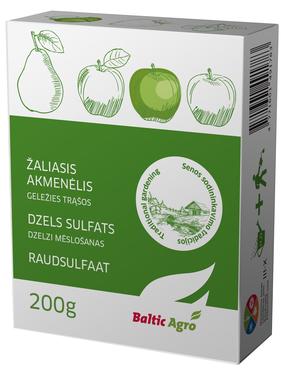 Geležies sulfatas, žaliasis akmenėlis gėlėms, vaismedžiams, dekoratyviniams augalams Baltic Agro, birios, 0.2 kg