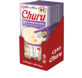 Kārumi kaķiem Churu, vistas gaļa/garneles, 12 iepakojumi (48 tūbiņas)