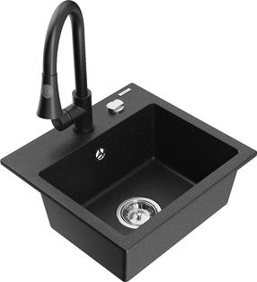 Virtuvinė plautuvė Mexen Milo, granitas, 43 cm x 41 cm x 17.1 cm, metallic black/gold+black sp.
