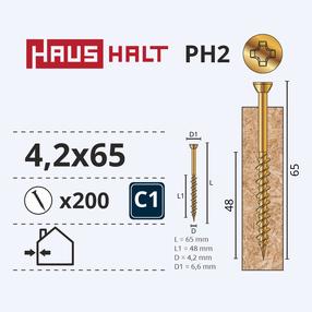 Саморез по дереву, для плит osb Haushalt PH, 4.2 x 65 мм, желтый цв., 200 шт.