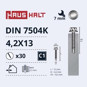 Pašvītņojošā skrūve Haushalt DIN 7504K, 4.2 mm x 13 mm, 30 gab.