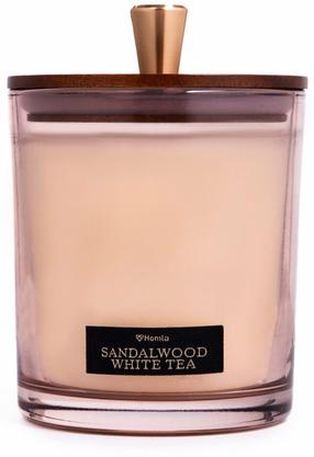 Svece, aromātiskā Homla Woody Blend Sandalwood White Tea, 45 h, 380 g, brūngans krās.
