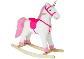 Supamas arkliukas, vienaragis Lean Toys 2252, mediena, pliušas, balta sp./rožinė sp.