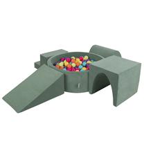Baseinas su kamuoliukais KiddyMoon Soft Obstacles Course and Ball Pool Round 300 balls, 90 cm x 90 cm, 300 vnt, žalia sp./įvairių spalvų