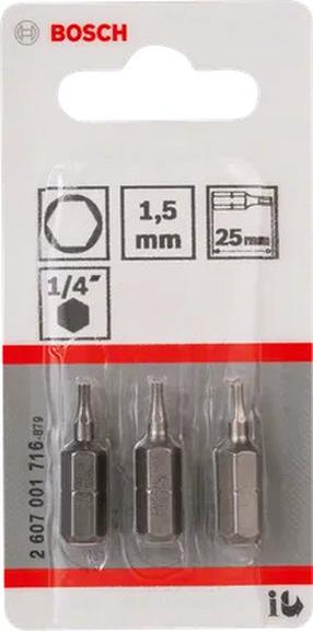 Набор битов для отверток Bosch, HEX1.5, 25 мм, 1/4", Ø1.5 мм