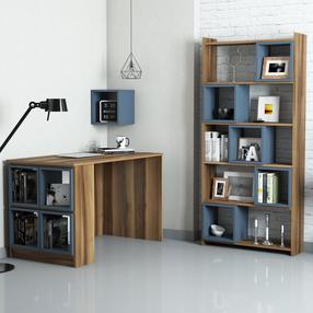 Biuro baldų komplektas Kalune Design Box Desk & Bookshelf & Wall Shelf, mėlyna sp./riešuto sp., 170 cm x 22 cm x 80 cm