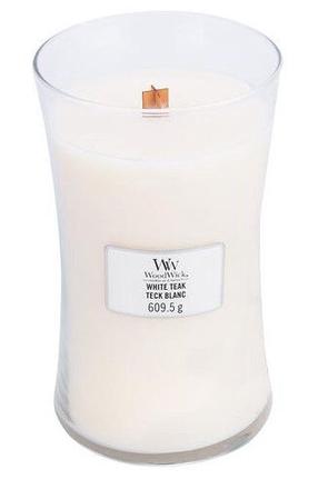Svece, aromātiskā WoodWick White Teak, 120 h, 609.5 g, balta krās.