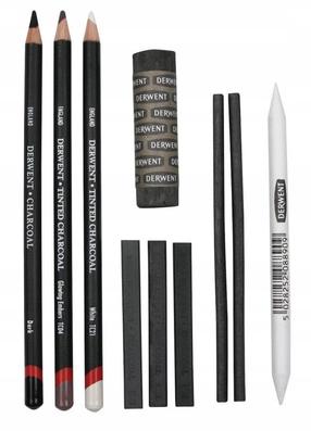 Kirjutamiskomplekt Derwent Charcoal, HB, pruun v./valge v./must v., 10 tk