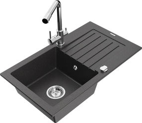 Virtuves izlietne Mexen Pablo 6510751010-76+671600-00, granīts, 75 cm x 43 cm x 16.1 cm, black granite+chrome krās.