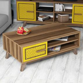 Kohvilaud Kalune Design Ayla, kollane v./pähklipuu v., 105 cm x 60 cm x 38.2 cm