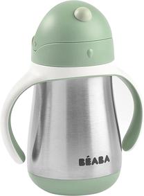 Gertuvė su silikoniniu šiaudeliu Beaba 913535, 250 ml, 8 mėn., nerūdijantysis plienas/silikonas, žalia sp.