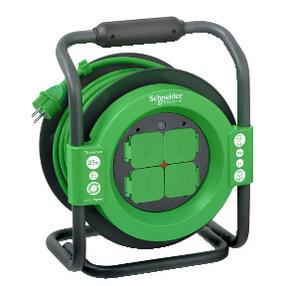 Pagarinātājs ar spoli Schneider Electric, 3 x 1,5 mm², 25 m, IP44, 4 ligzdas, melna krās./zaļa krās.