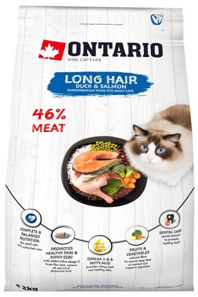 Kuiv kassitoit Ontario Longhair Duck & Salmon, pardiliha/lõhe, 2 kg