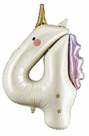 Balons cipars PartyDeco Unicorn 4, zelta krās./rozā krās./brūngans krās.