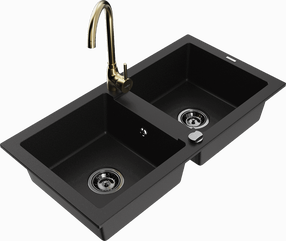 Кухонный умывальник с кухонным смесителем Mexen Mario Black+Gold, гранит, 82 см x 43 см x 16.1 см, золотой цв./черный цв.