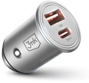 Automobilinis įkroviklis 3MK HyperCar, USB/USB Type-C, sidabro sp., 30 W