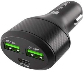 Automobilinis įkroviklis Natec Coney, 2 x USB/USB-C, juoda sp., 84 W