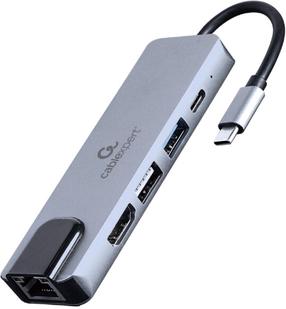 Adapter Gembird Cablexpert USB Type-C 5-in-1 A-CM-COMBO5-04 USB-C Male, RJ-45/HDMI/2xUSB/USB-C female Female, 0.12 m, hall v.