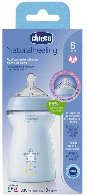 Bērnu pudelīte Chicco NaturalFeeling, 330 ml, 6+ mēn., zila krās.