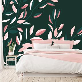 Fototapetas Artgeist Flowering Vine - Minimalist Climbing Leaves On A Green Background, 210 cm x 300 cm