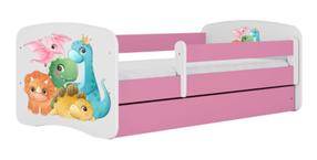Vaikiška lova Kocot Kids Tiny Dinos, balta sp./rožinė sp., 80 x 180 cm, su patalynės dėže, be čiužinio