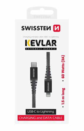 Kabelis Swissten Kevlar Data 71544010 USB Type-C, Lightning, 1.5 m, juoda sp.