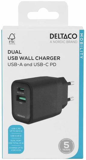 Telefona lādētājs Deltaco USBC-AC153, USB Type C/USB Type A, melna krās., 20 W