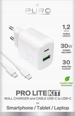 Telefona lādētājs Puro Pro Lite Kit, USB Type C/USB Type A, balta krās., 30 W