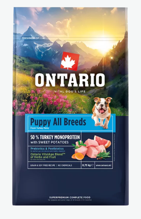 Kuiv koeratoit Ontario All Breeds Puppy Monoprotein, kalkun/magus kartul, 0.75 kg