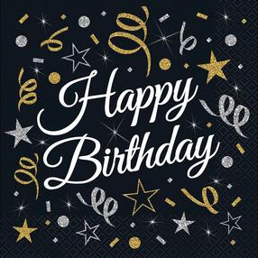 Popierinės servetėlės GoDan Happy Birthday, 33 cm x 33 cm, aukso sp./sidabro sp./juoda sp., 20 vnt.