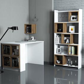 Biuro baldų komplektas Kalune Design Box Desk & Bookshelf & Wall Shelf, balta sp./riešuto sp./smėlio sp., 170 cm x 22 cm x 80 cm