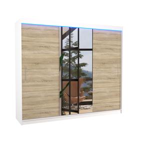 Spinta ADRK Denis LED, balta sp./sonoma ąžuolo sp., 58 cm x 250 cm x 215 cm, su veidrodžiu