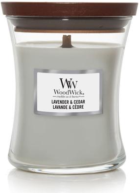 Svece, aromātiskā WoodWick Lavender&Cedar, 65 h, 275 g, pelēka krās.