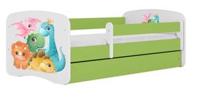 Vaikiška lova Kocot Kids Tiny Dinos, balta sp./žalia sp., 70 x 140 cm, su patalynės dėže, be čiužinio